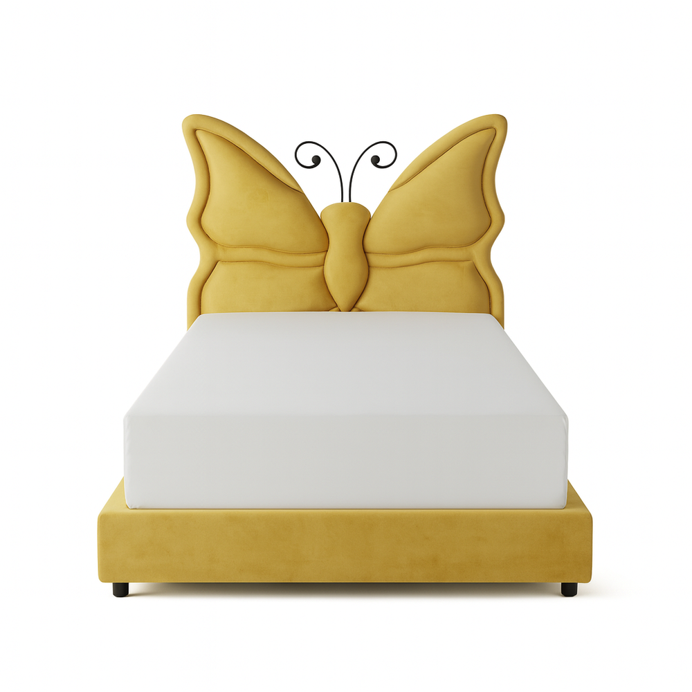 Butterfly Bed kids upholstered bed front view mustard yellow Lifestyle Image from Living point