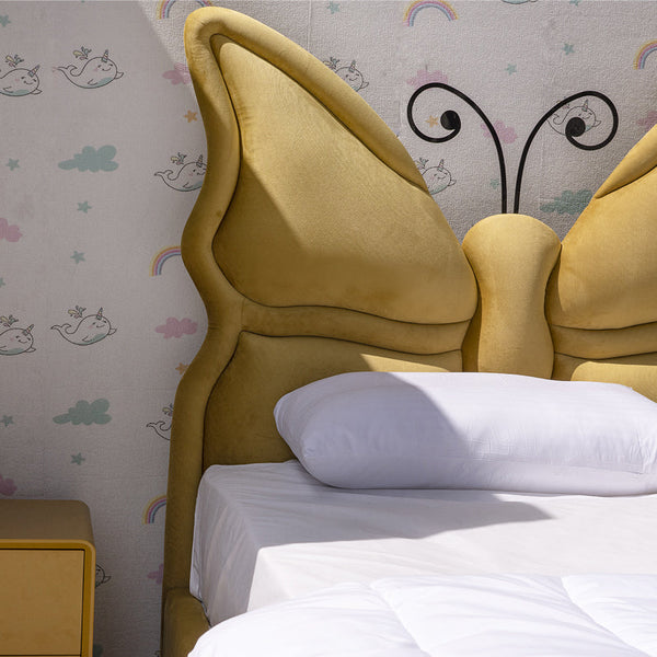 Butterfly Bed – Kids Upholstered Bed Frame Headboard close view from Living point