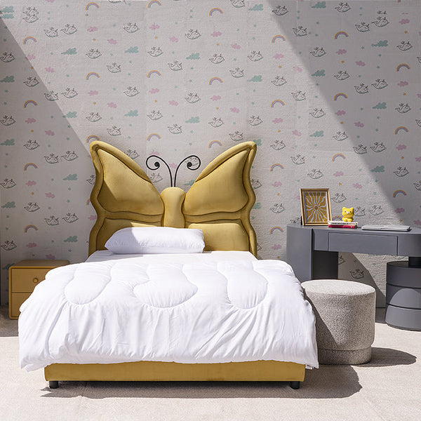 Butterfly Bed kids upholstered bed front view mustard yellow Lifestyle Image from Living point