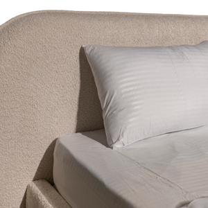 Ezra Bouclé Bed Headbord Close View from Living point