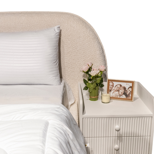 Ezra Bouclé Bed Headbord Side View from Living point