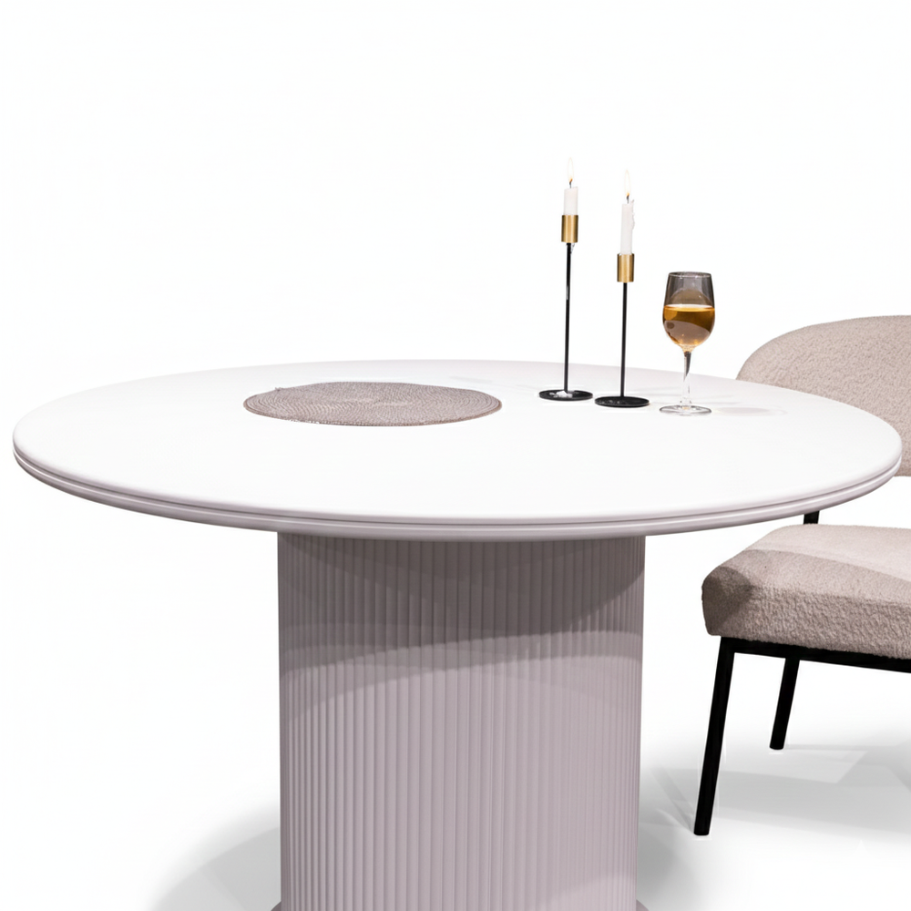 Larson white wooden top dining table with fluted round leg