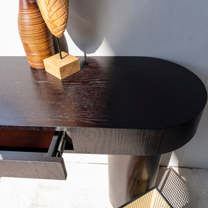 Percia Ash Veneer Console Table Close View of Top from Living point