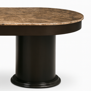 Percia Dining Table with Ash Veneer Marble Top Close View from Living point