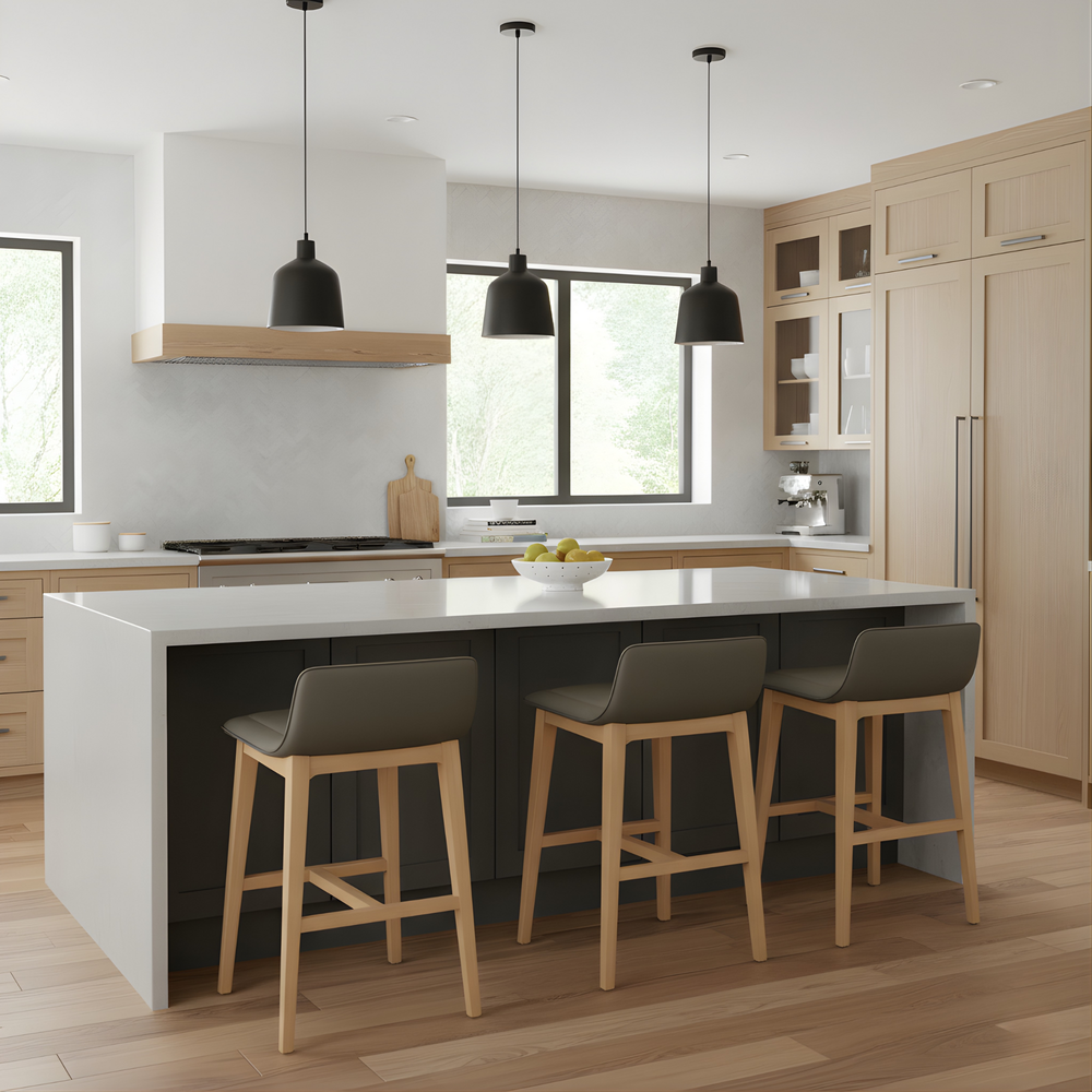 Phoebe Bar Stool Living Point. Grey fabric seat, wooden legs. 