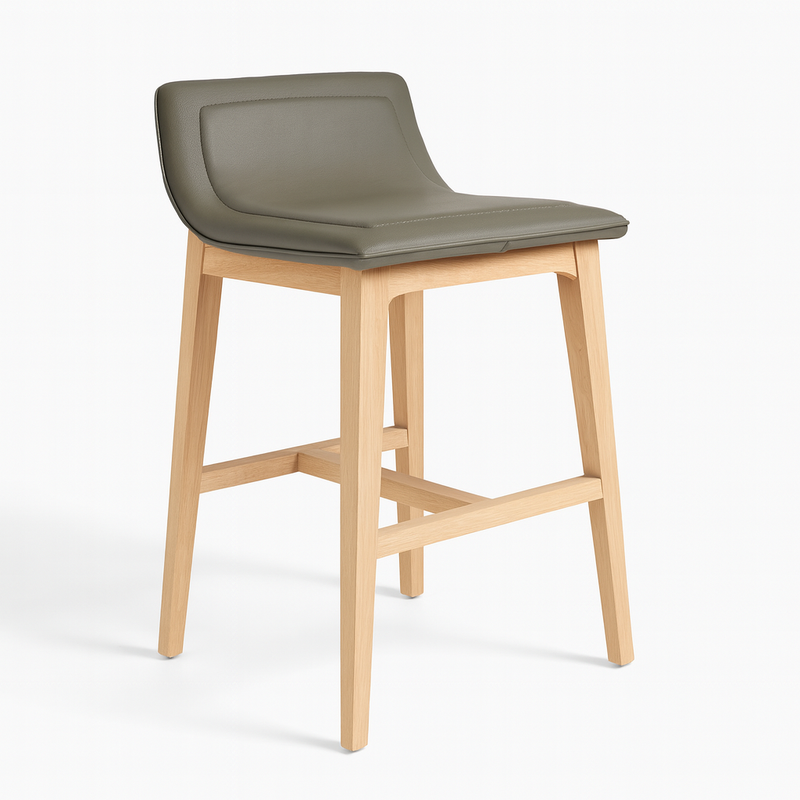 Phoebe Bar Stool Living Point. Grey fabric seat, wooden legs. 