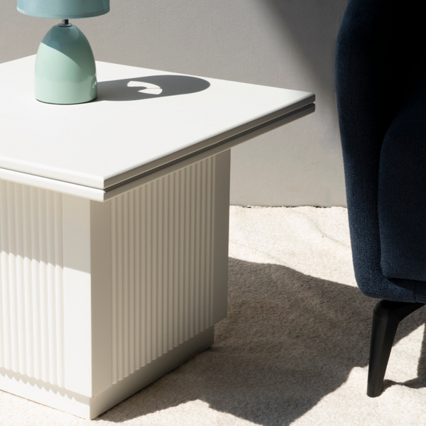 Riga End Table white square top Close View from Living point
