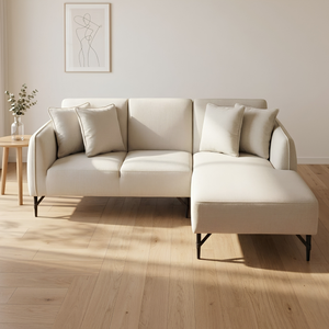 Sadq sectional beige sofa with a 2 seater and chaise launch attached with 4 squire pillows