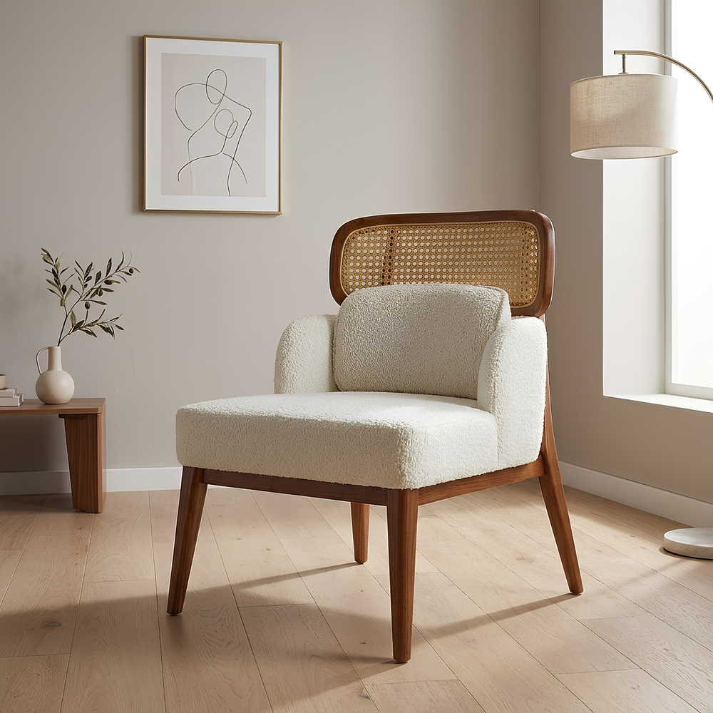Sansa Boucle fabric white rattan chair
