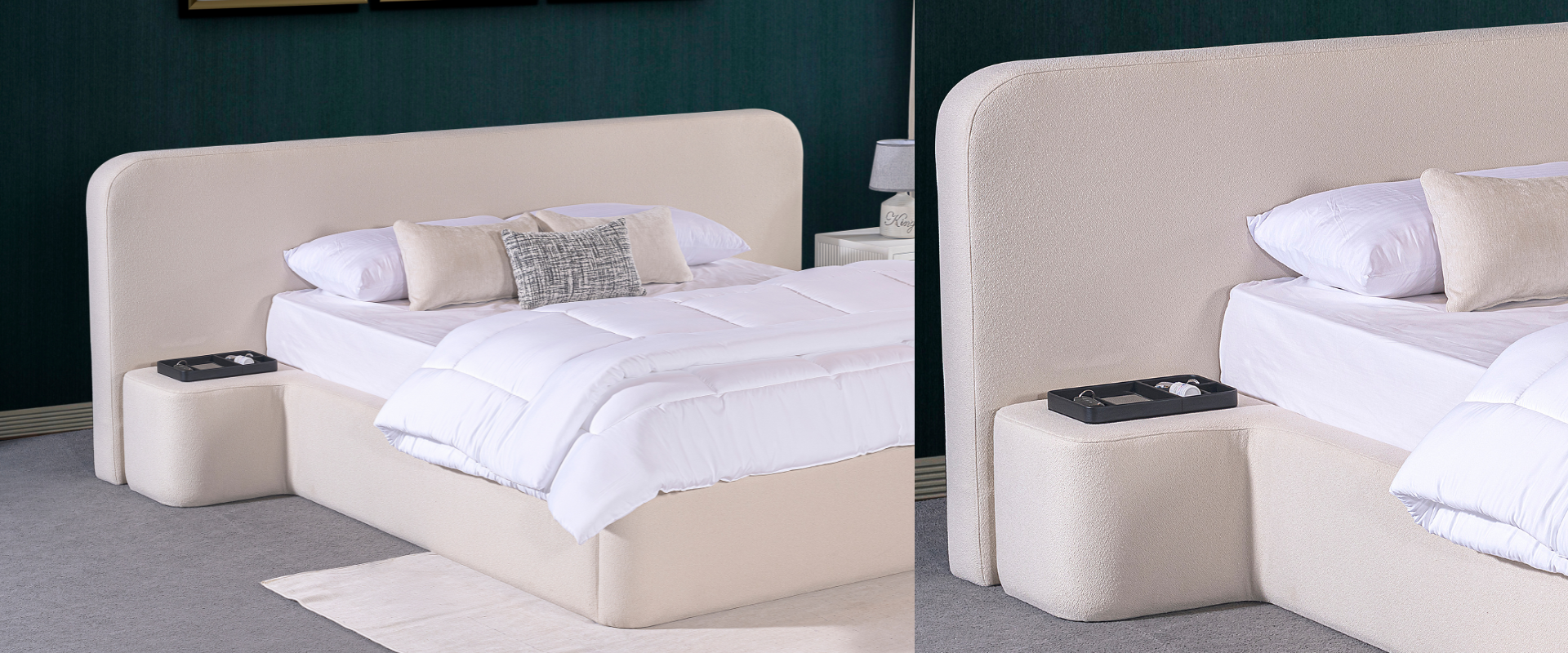 Smart storage bed with attached bedside tabel. Living point website banner
