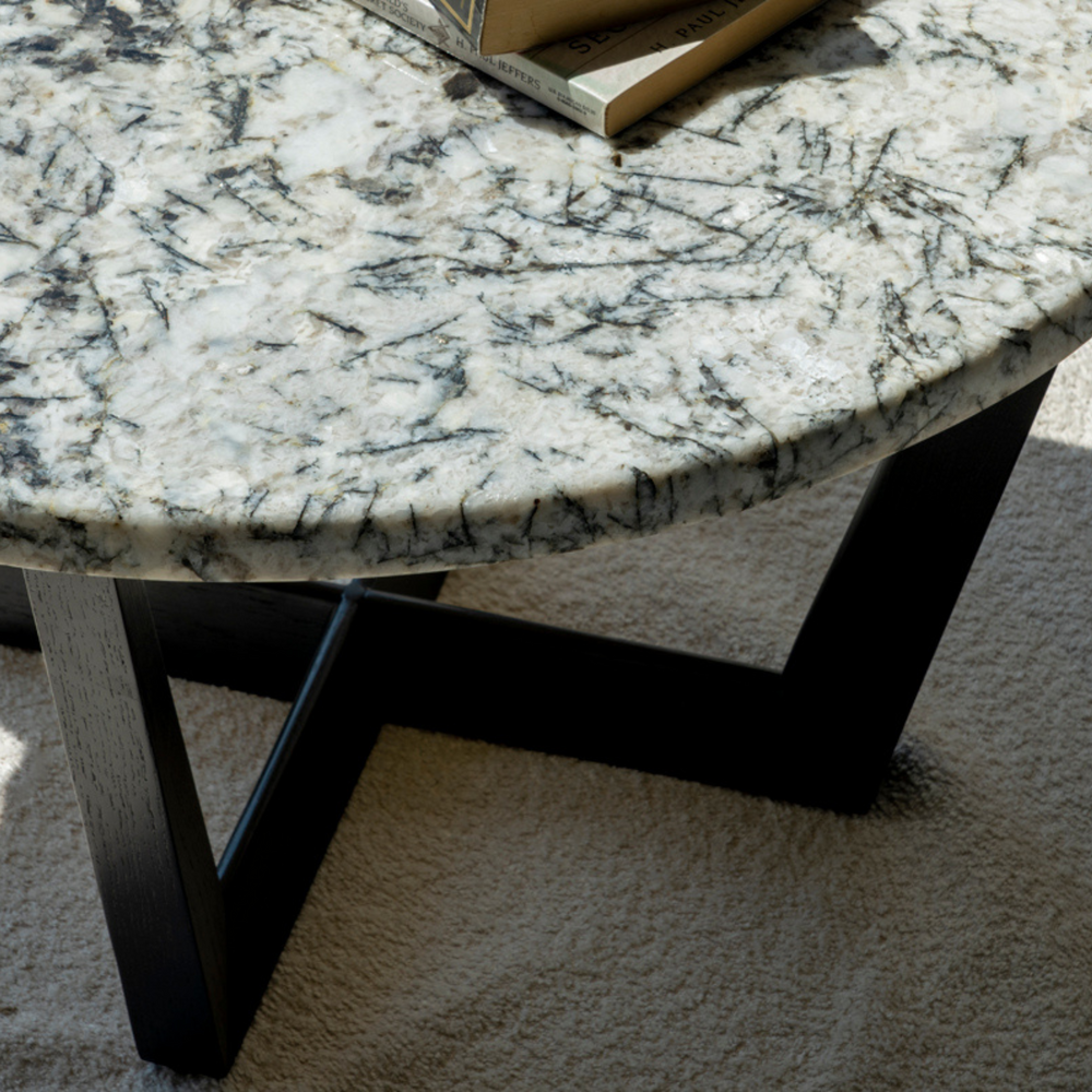 Urban Marble Coffee Table – Round Top with Crossed Base Lifestyle Image from Living point