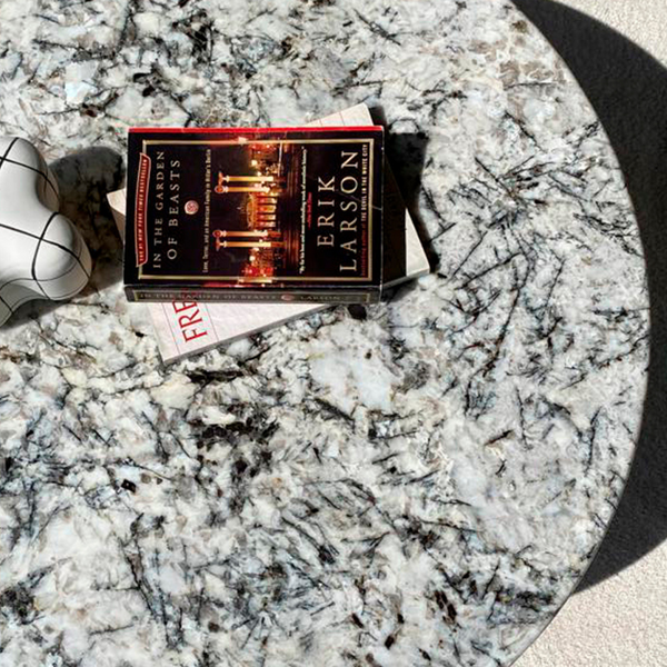 Urban Marble Coffee Table – Round Top with Crossed Base Mabrble close view from Living point