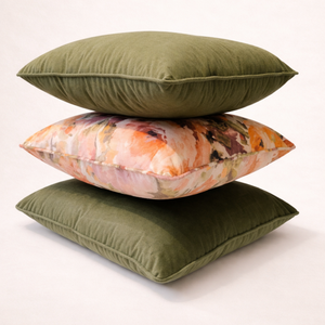 Watercolour Floral Print & Green Velvet Pillow Set of 3 from Living Point