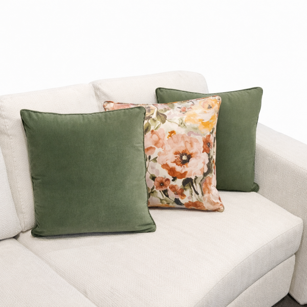 Watercolour Floral Print & Green Velvet Pillow set of 3 Lifestyle Image from Living point