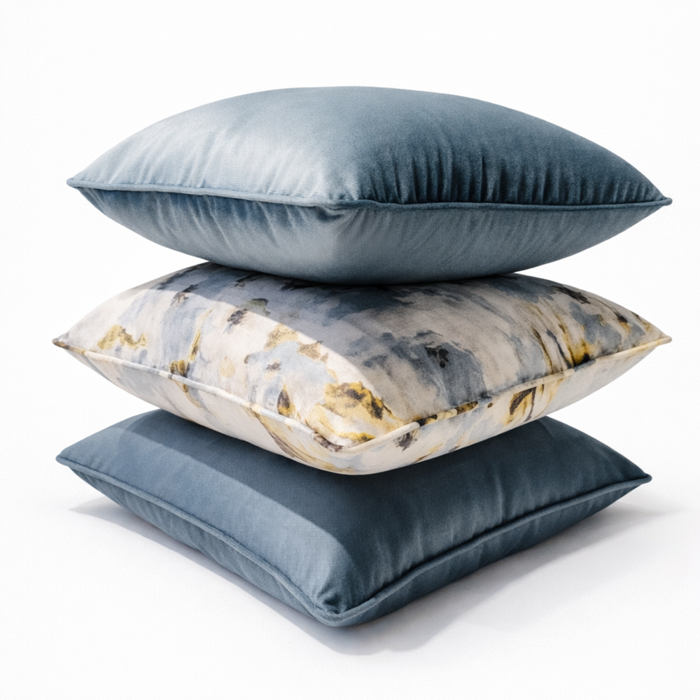 Wildflower Pattern & Blue Velvet Pillow Set of 3 from Living Point