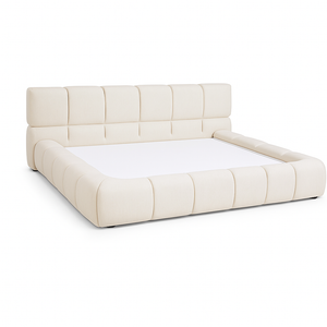 Close-up detail of Bennett Bed curved upholstered headboard from Living point