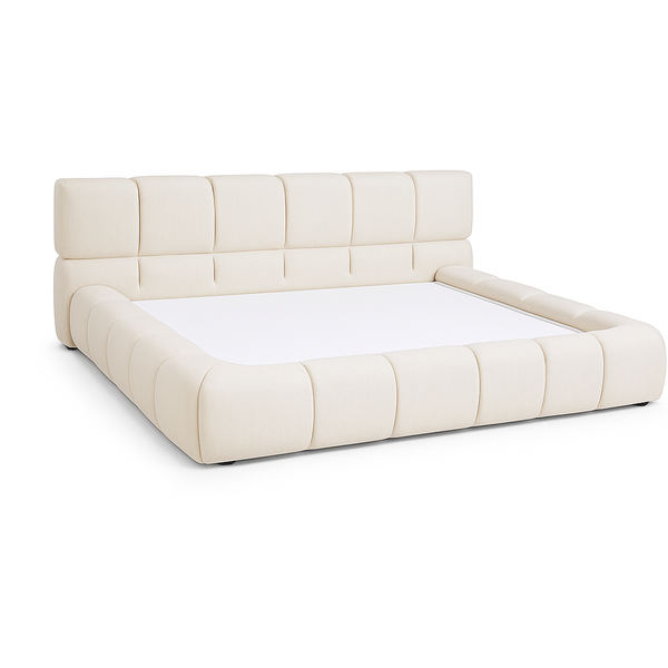 Close-up detail of Bennett Bed curved upholstered headboard from Living point