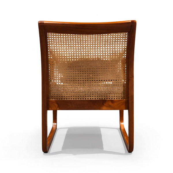 Back view of Dalia Rattan Chair with wooden arms and cane backrest