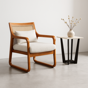 Dalia Rattan Chair – wooden cane accent chair with boucle seat for modern UAE homes